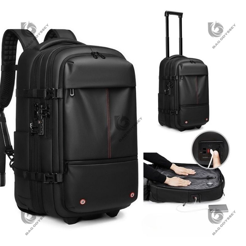 Black travel backpack with rolling wheels, suitcase, and open bag showing power outlet.