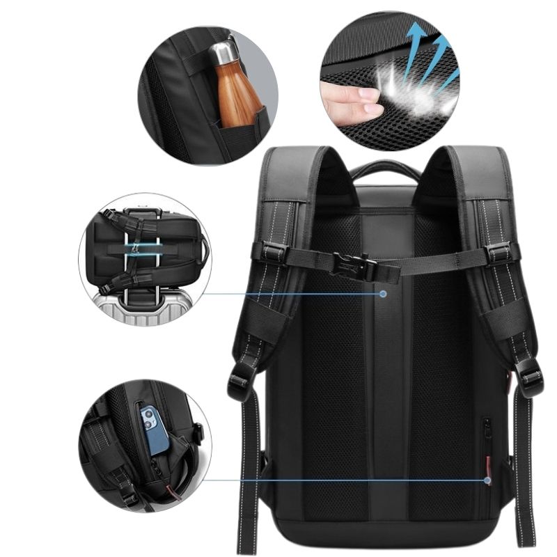 Bag Odyssey travel bag placed in airplane cabin – fits perfectly in overhead compartment